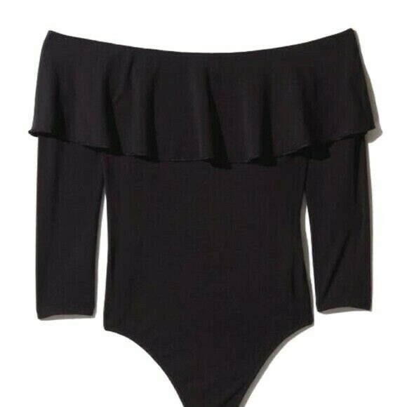 Aritzia Wilfred Black Off the Shoulder Ruffle Thong Bodysuit size Small - Picture 14 of 16